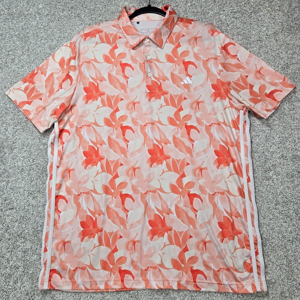 Adidas 3 Stripe Floral Performance Golf Short Sleeve Polo Mens Large orange pink